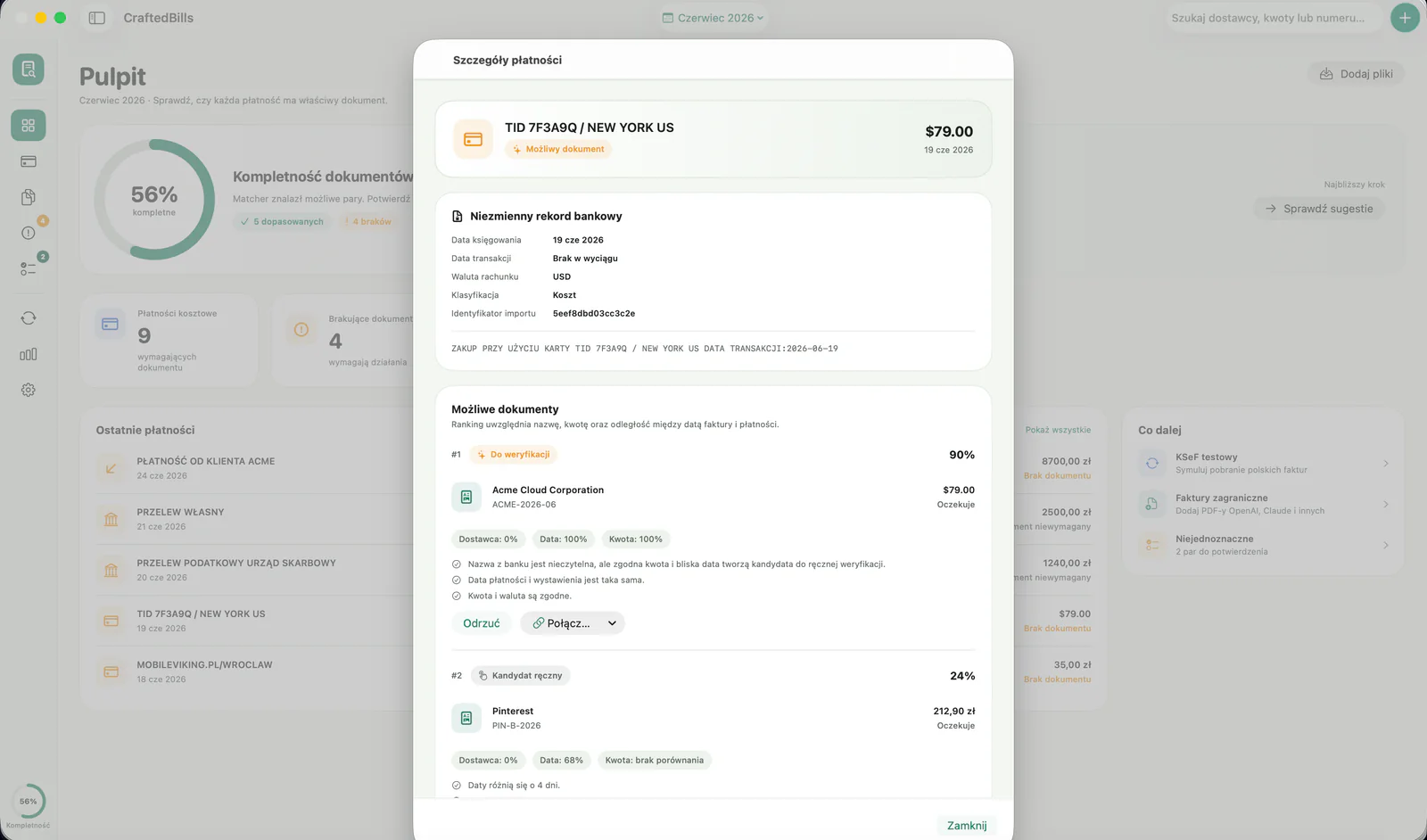 CraftedBills na macOS — szczegóły płatności i sugestie dopasowania